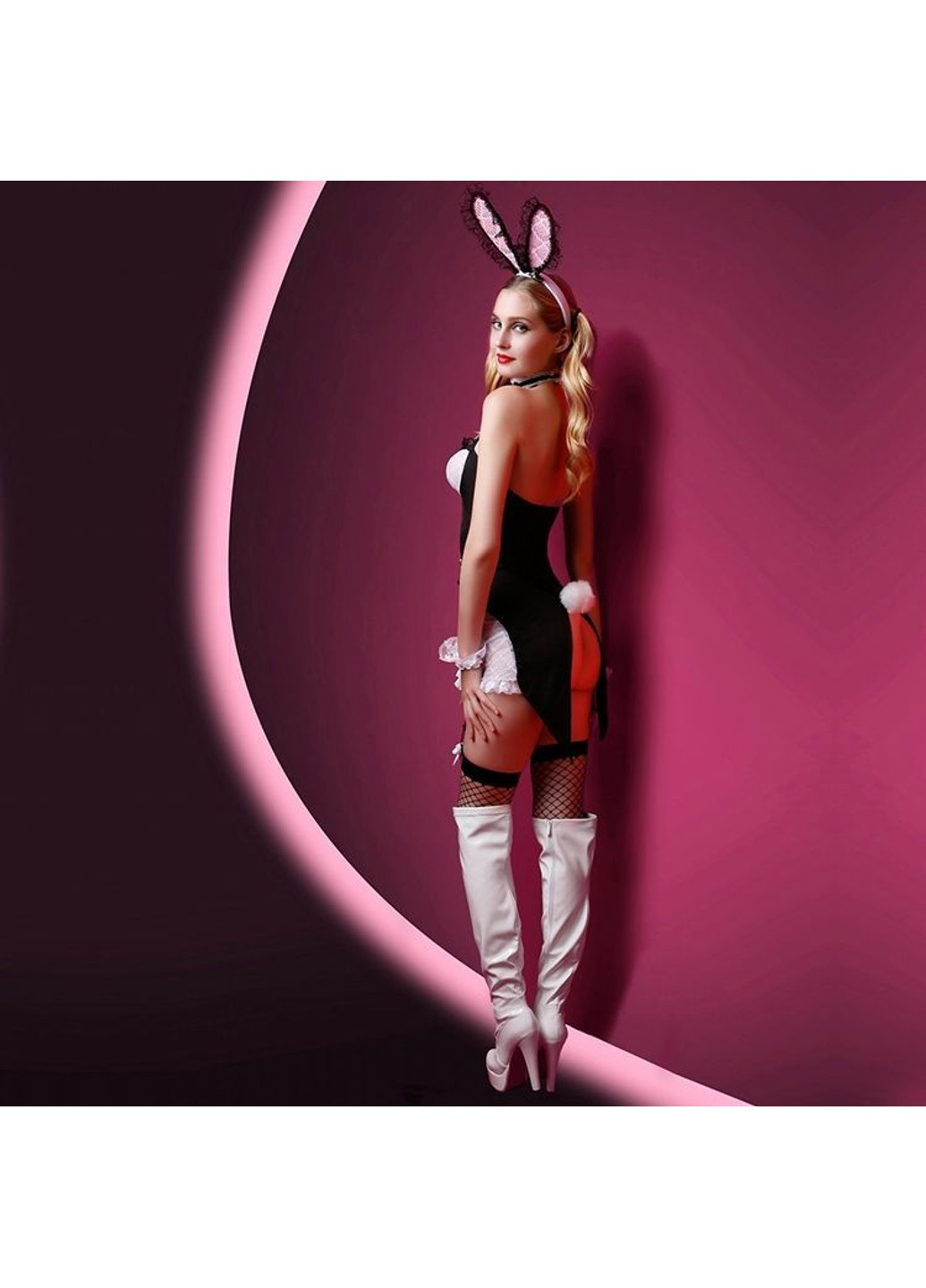Рожевий еротичний костюм зайчика "милашка джейн" s/m, сукня, вушка, панчохи, трусики, браслети і чокер JSY
