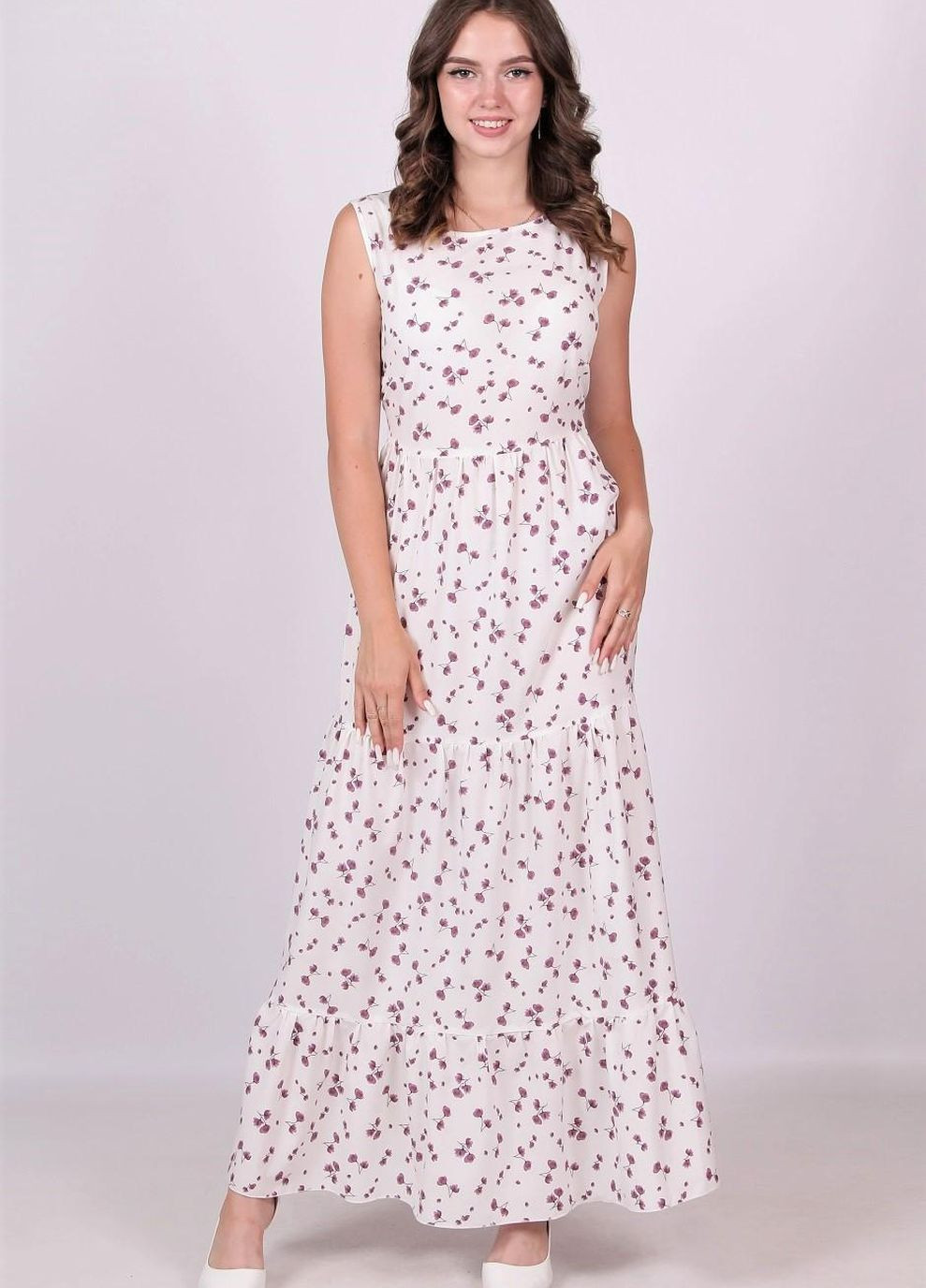 Белое кэжуал платье женское 272 цветы сиреневый софт белое Актуаль