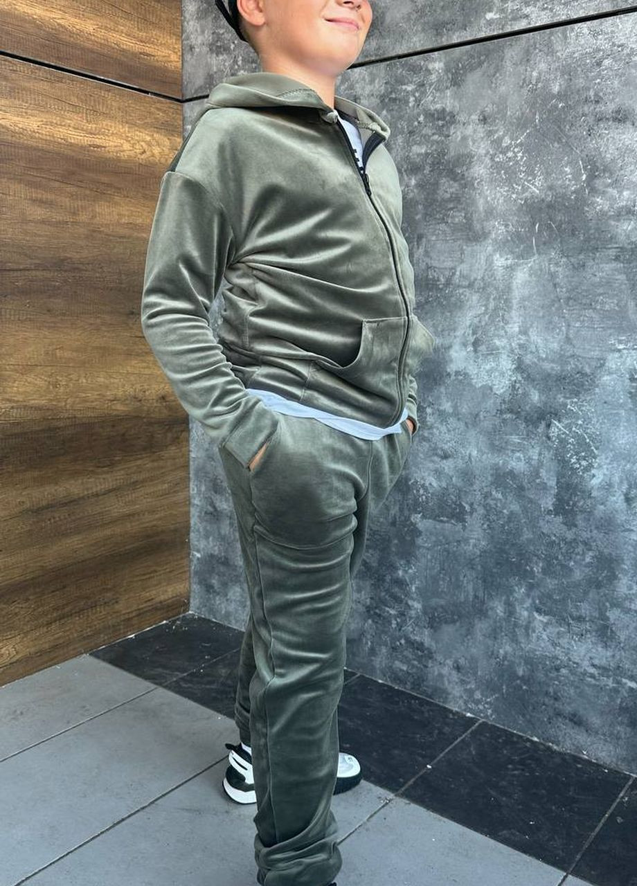 Оливковый (хаки) демисезонный детский велюровый костюм хаки для мальчика премиум качества, стильный костюм с капюшоном No Brand г-1468-928