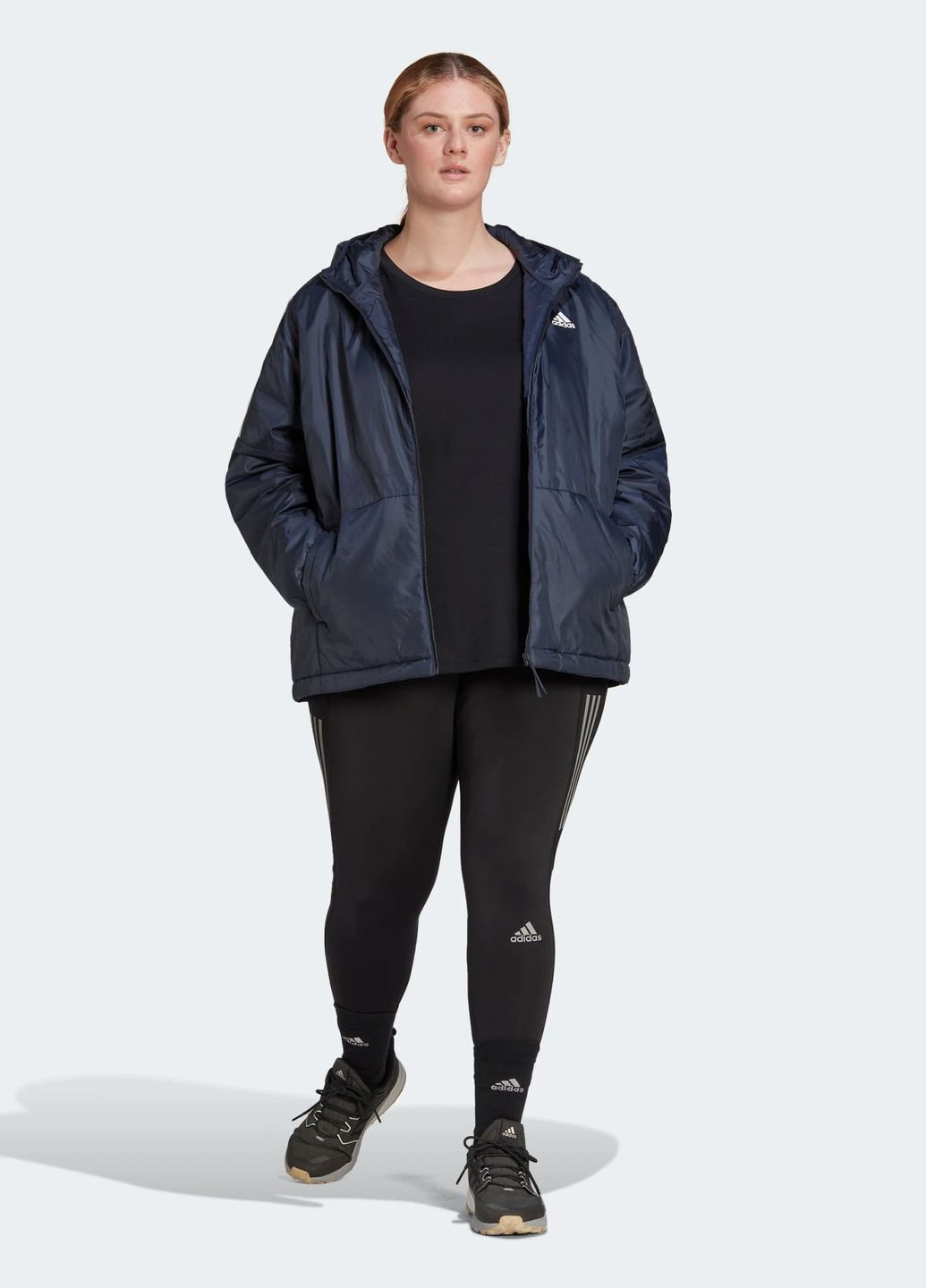 Темно-синяя женская куртка с капюшоном. adidas Essentials (plus size)
