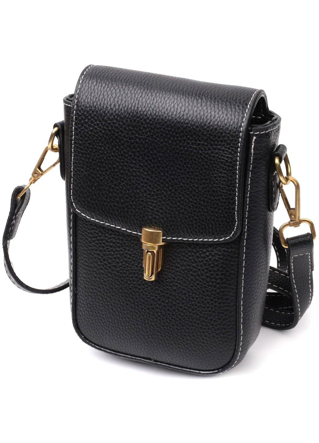 Вертикальная кожаная женская сумка с клапаном 22308 Черная Vintage (276457523)