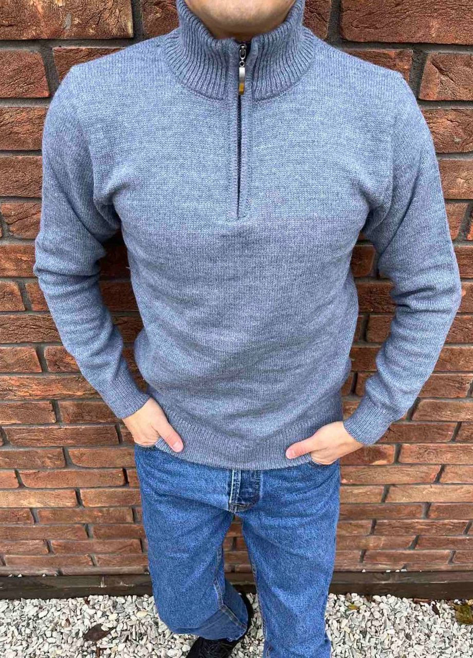 Серо-синий зимний мужской однотонный свитер No Brand