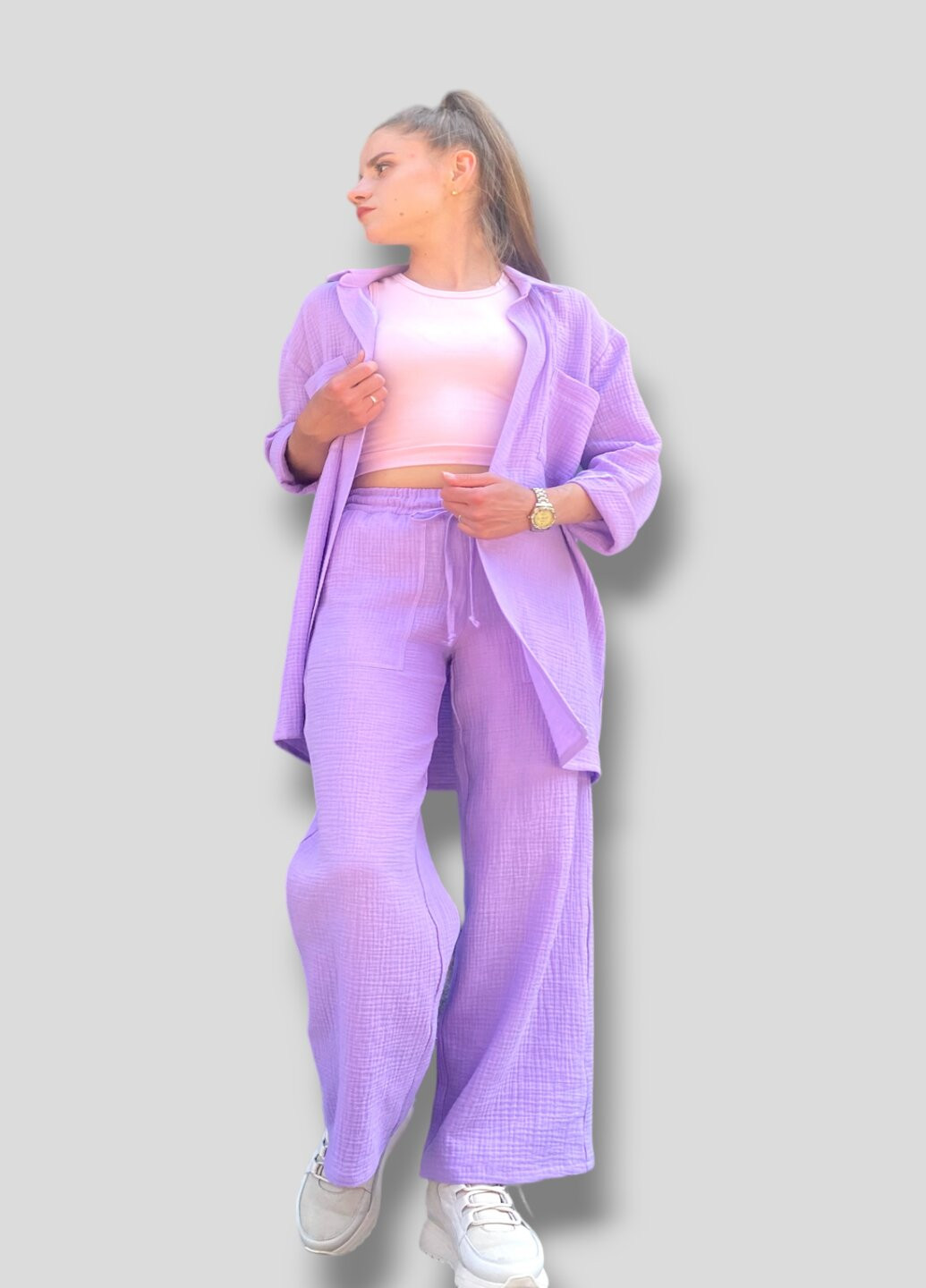 Летний костюм из муслина Брюки + рубашка (фиолетовый) No Brand 005 (259450312)