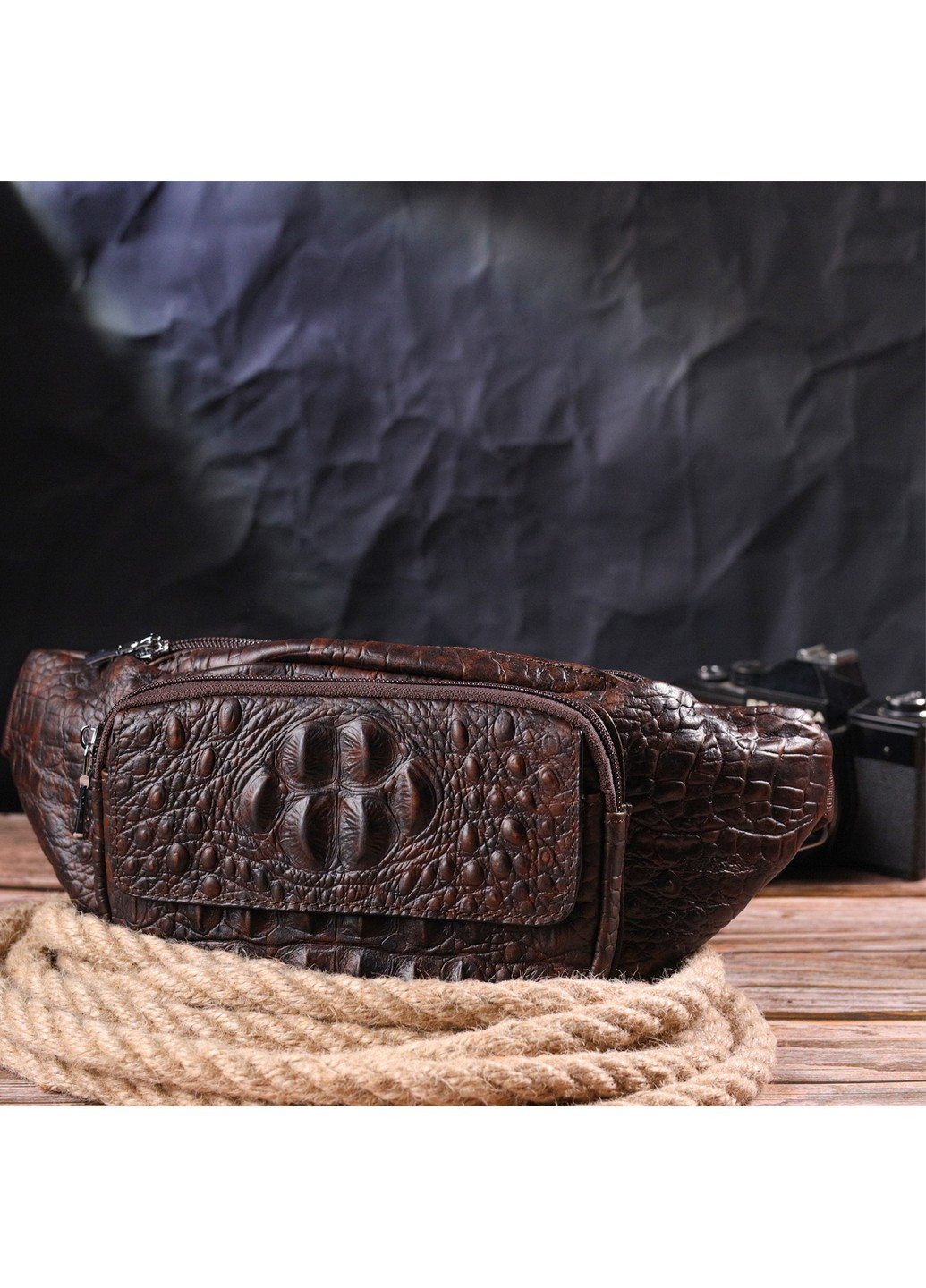 Модная поясная сумка из натуральной кожи с фактурой под крокодила 21298 Коричневая Vintage (258286275)