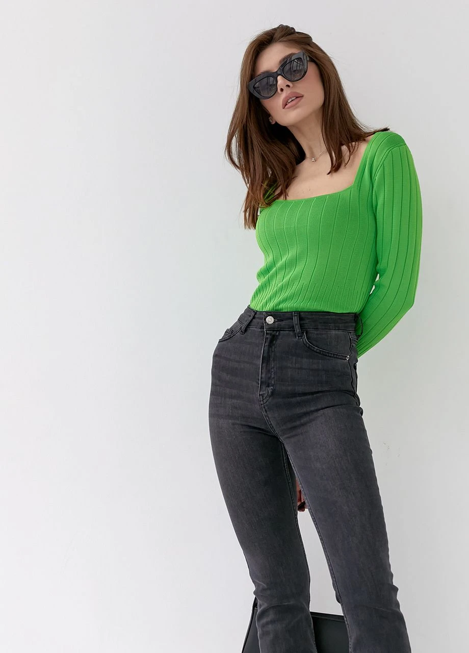 Укороченная кофта в рубчик с квадратным вырезом - зеленый Lurex (262810595)