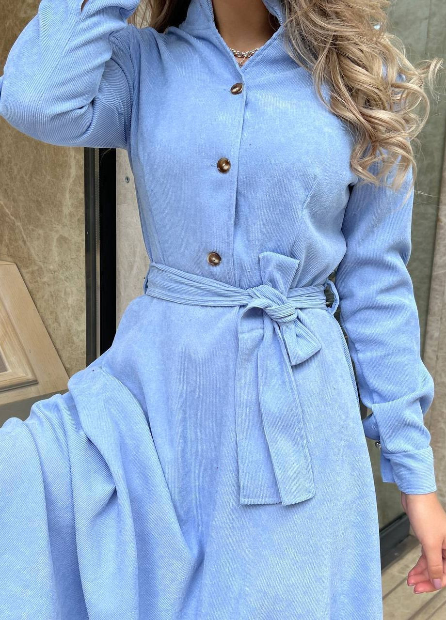 Голубое женское платье из вельвета с поясом цвет голубой р.42/44 446289 New Trend