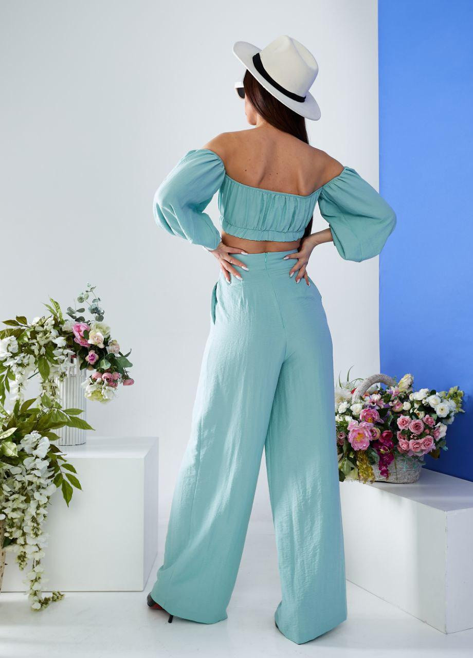 Жіночий костюм топ і штани палаццо оливкового кольору 387262 New Trend (257627575)