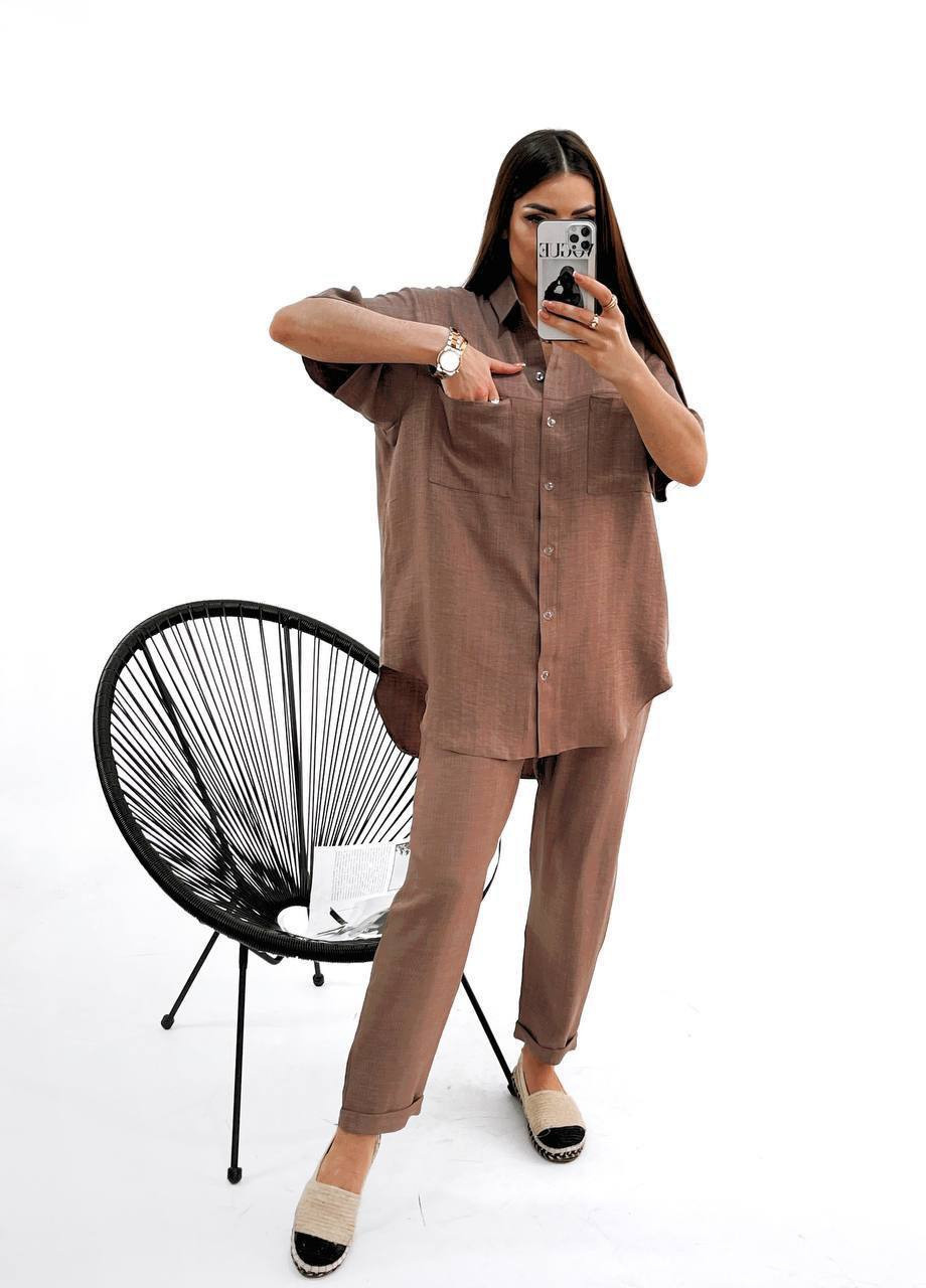 Женский льняной костюм рубашка и брюки кофейного цвета р.54/58 421113 New Trend (258685447)