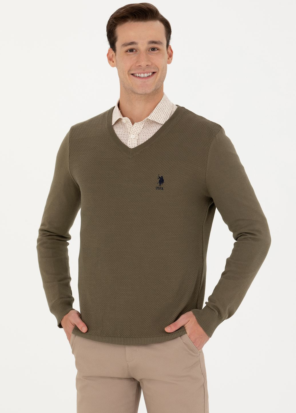 Оливковый (хаки) свитер мужской U.S. Polo Assn.