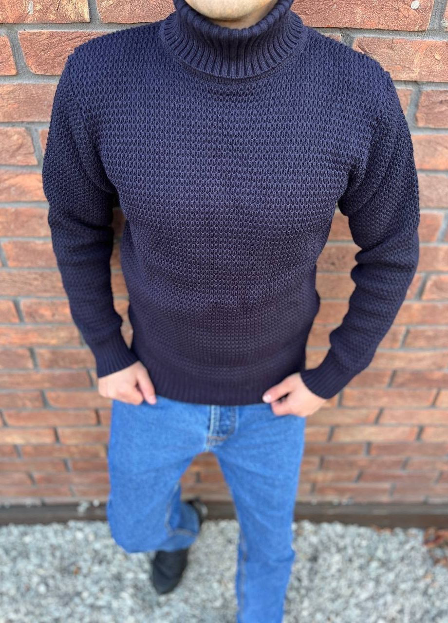 Синий зимний мужской однотонный свитер тостая вязка No Brand
