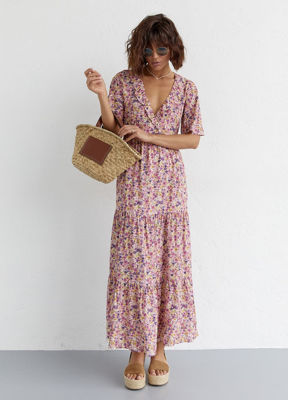 Лавандовое откровенный длинное платье с оборкой и цветочным принтом - лавандовый Lurex