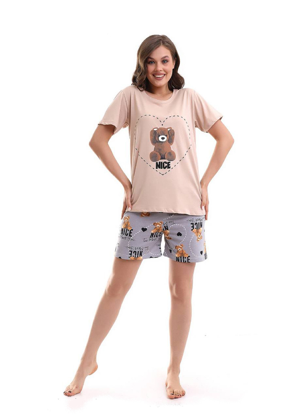 Бежева піжама домашній костюм футболка + шорти Mira