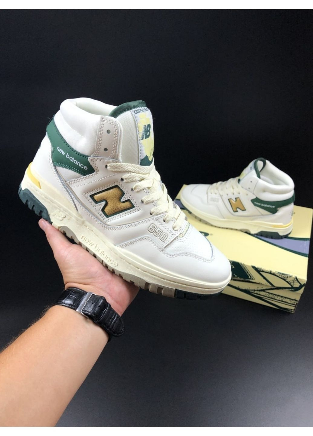 Білі осінні жіночі кросівки білі із зеленим\жовті «no name» New Balance 650