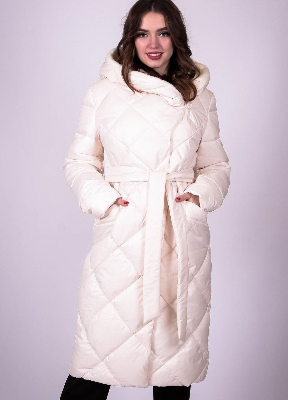 Молочное зимнее Пальто теплое женское 9158 плащевка молочный Актуаль
