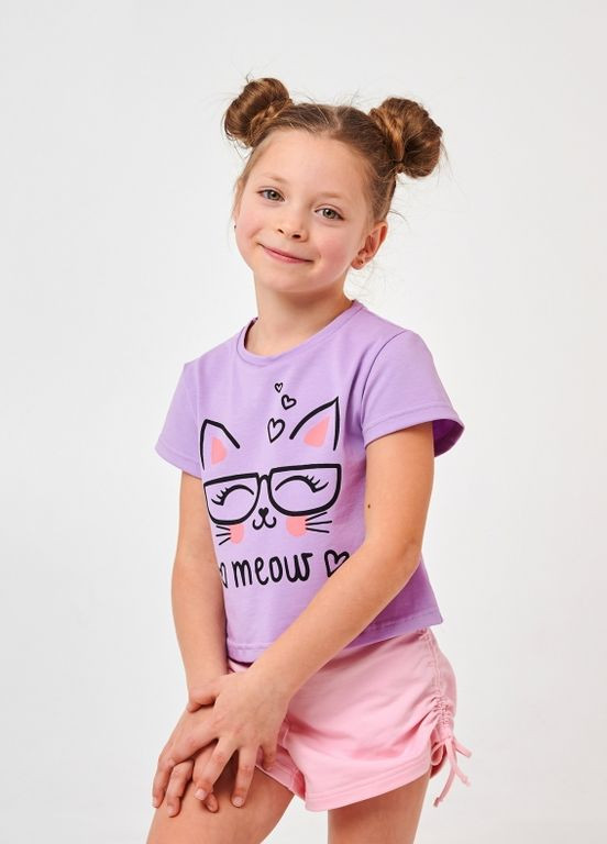Лиловая детская футболка | 95% хлопок | демисезон | 92, 98, 104, 110, 116 | удобная, рисунок кошка в очках лиловый Smil