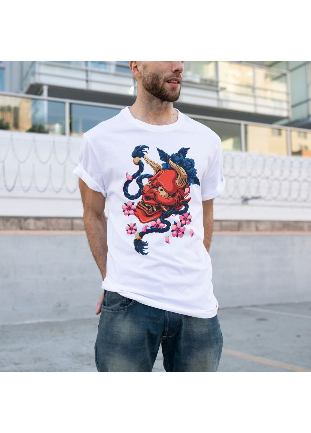 Біла футболка з принтом демонічна маска white edition No Brand