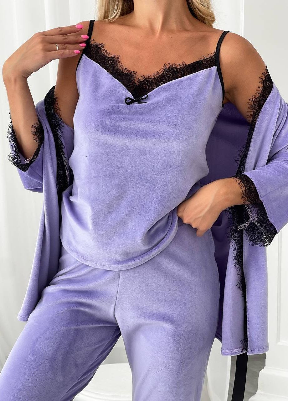 Лавандовая всесезон пижама тройка кофта + футболка + брюки Garna