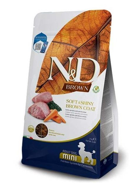 Беззерновой сухой корм N&D Brown с ягненком, спирулиной и морковью для собак малых пород с коричневой шерстью Farmina (277367442)