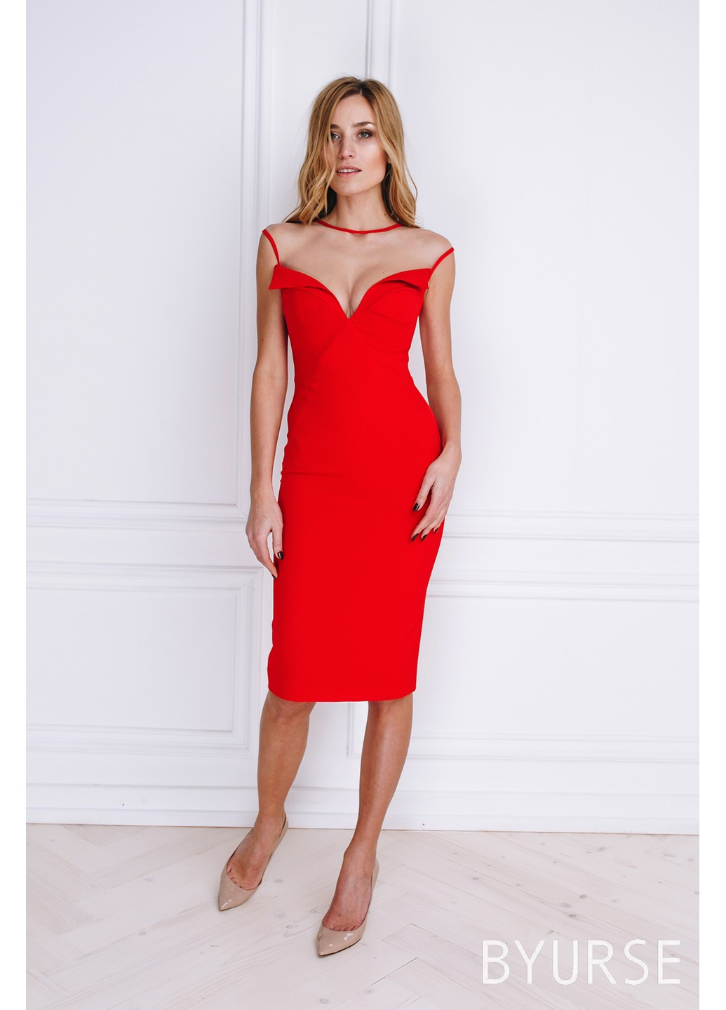 Красное деловое коктейльное, красное платье - футляр кристин BYURSE однотонное
