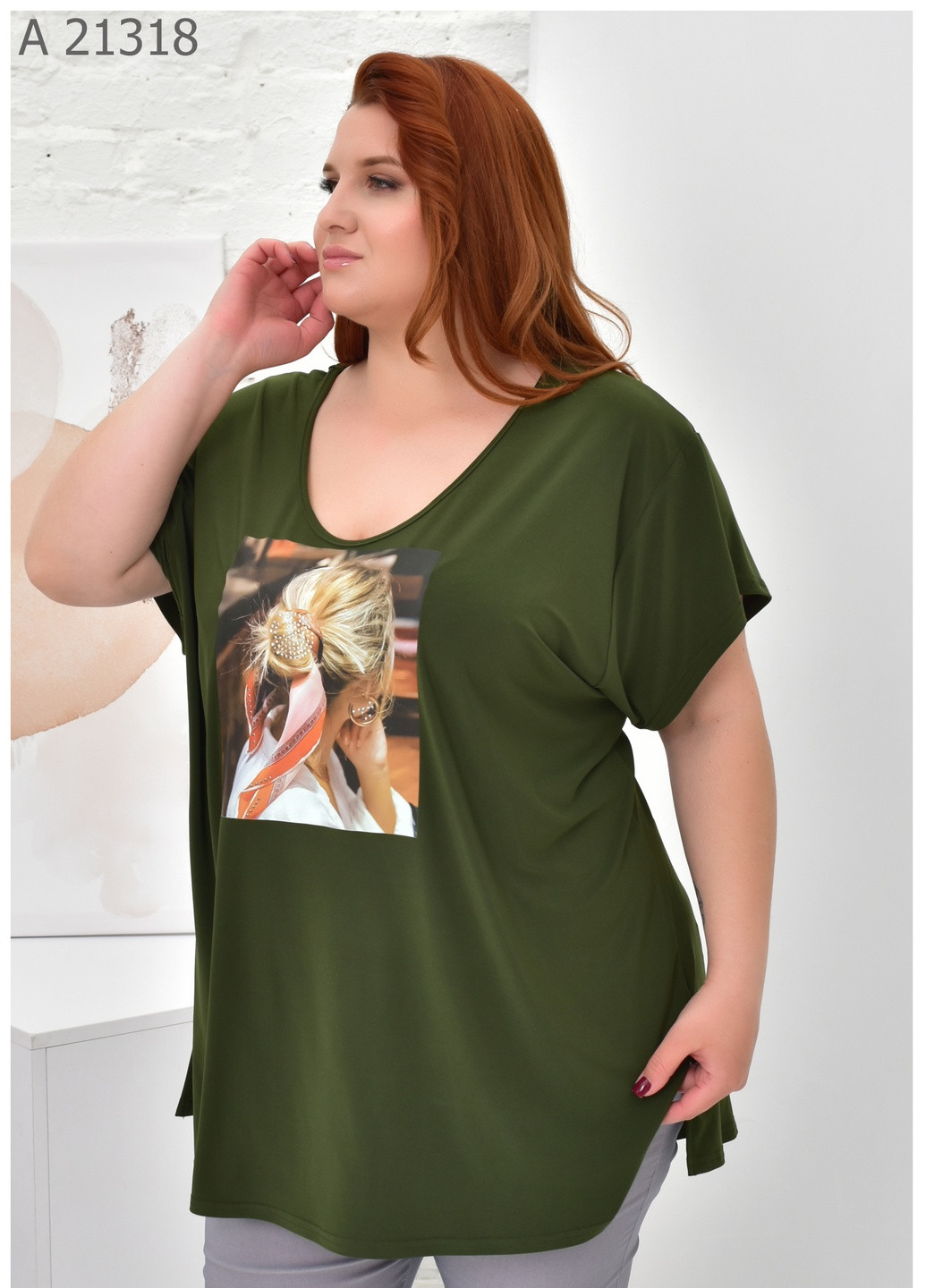 Хаки (оливковая) женская футболка большого размера SK