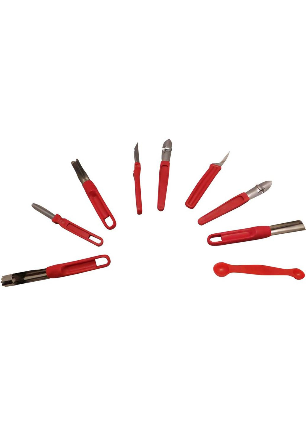 Набір ножів для карвінгу (різьблення по овочах) 8 штук (пластмасова ручка, сталеве лезо) + ложка-нуазетка Master Class червоний,
