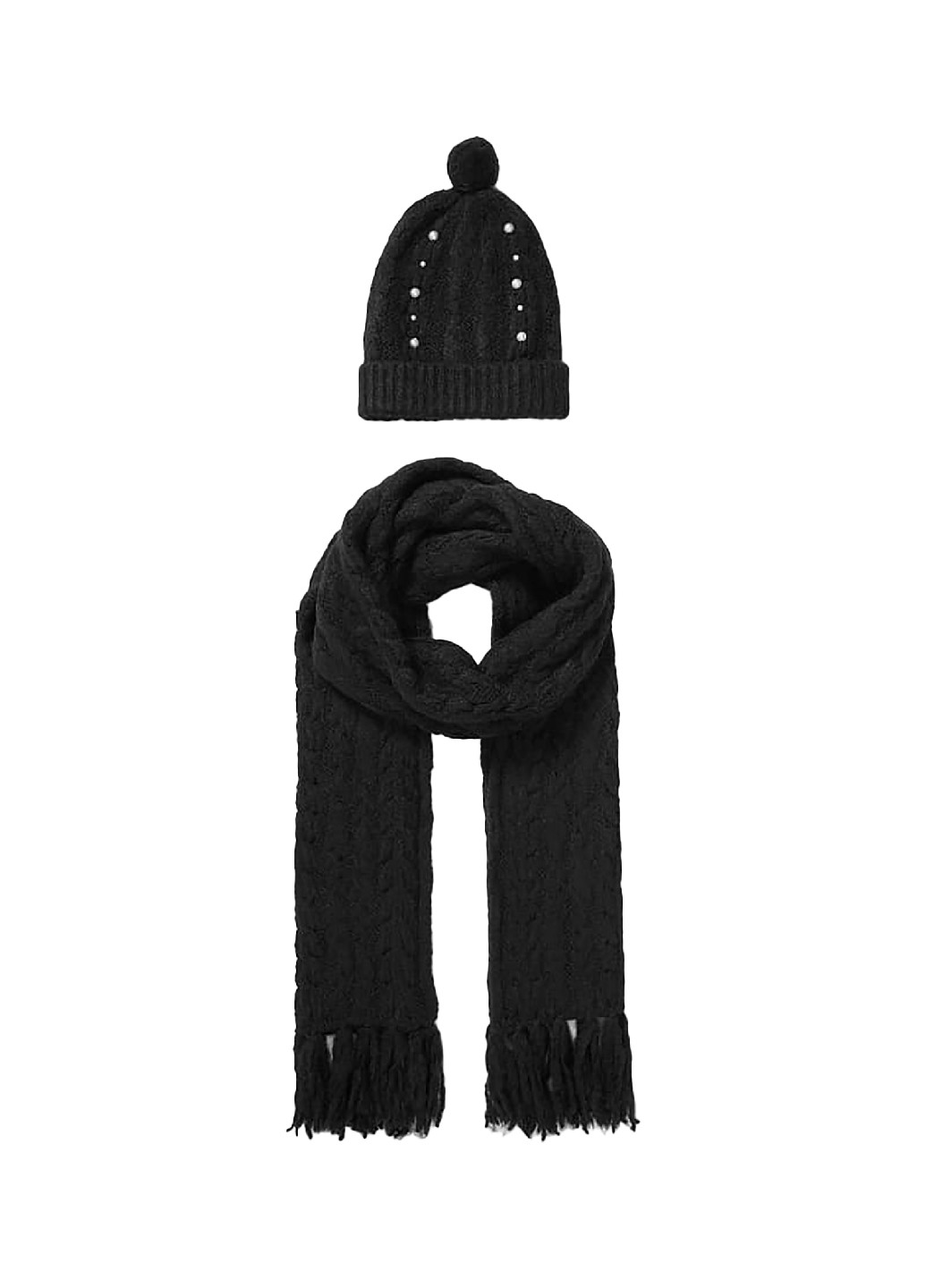 Комплект жіночий шапка і шарф із щільної в'язки з перлами чорний C&A (264921487)