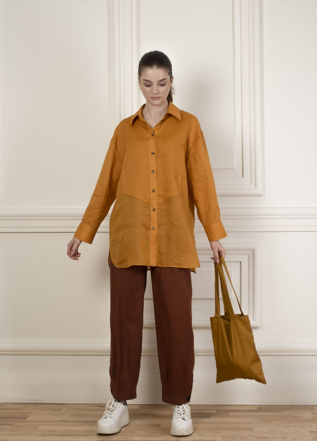 Оранжевая повседневный рубашка однотонная Dolcedonna с длинным рукавом