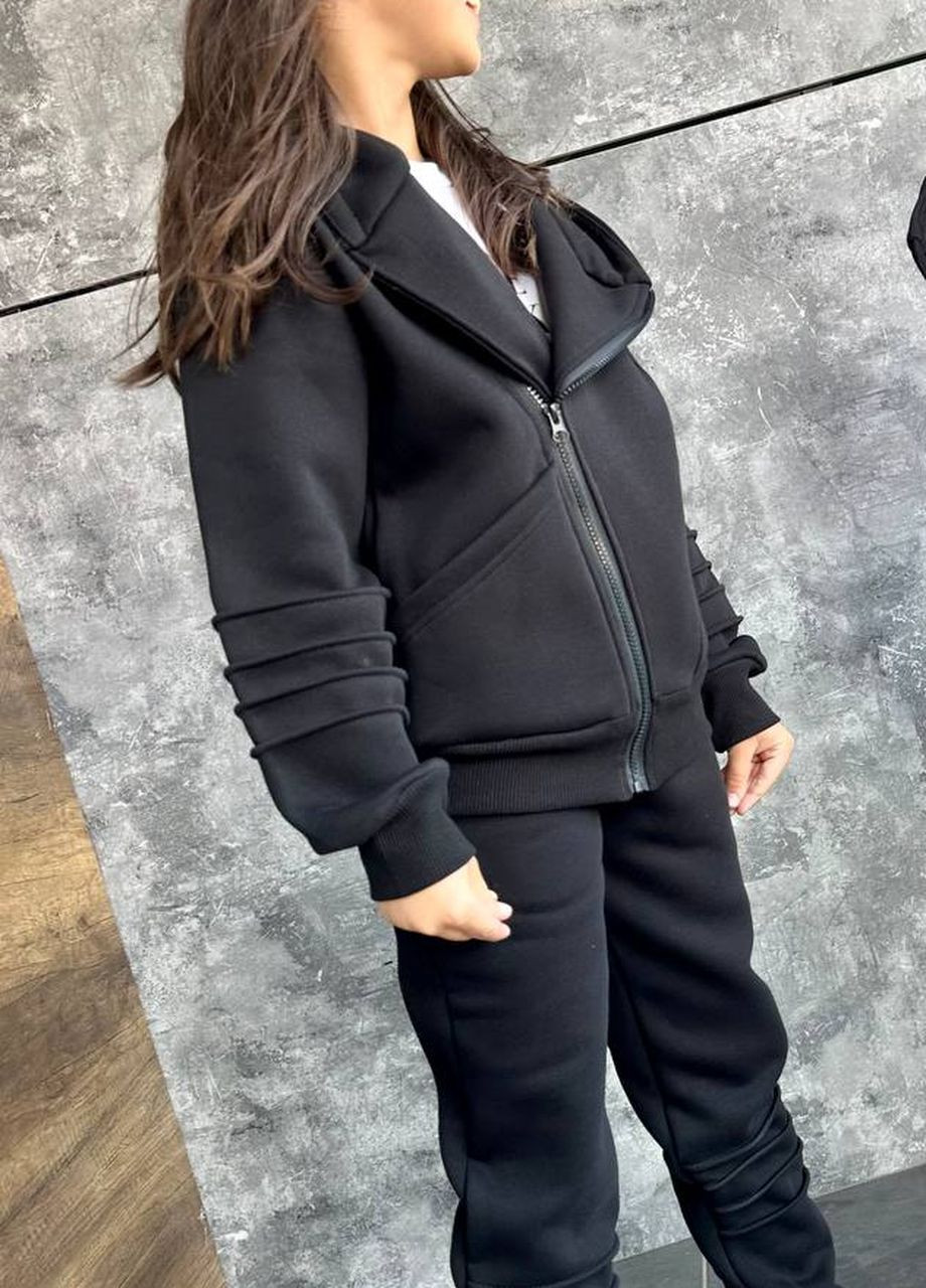 Чорний демісезонний стильний чорний дитячий костюм на флісі з капюшоном, якісні дитячі косуха + штани No Brand г-1468-930