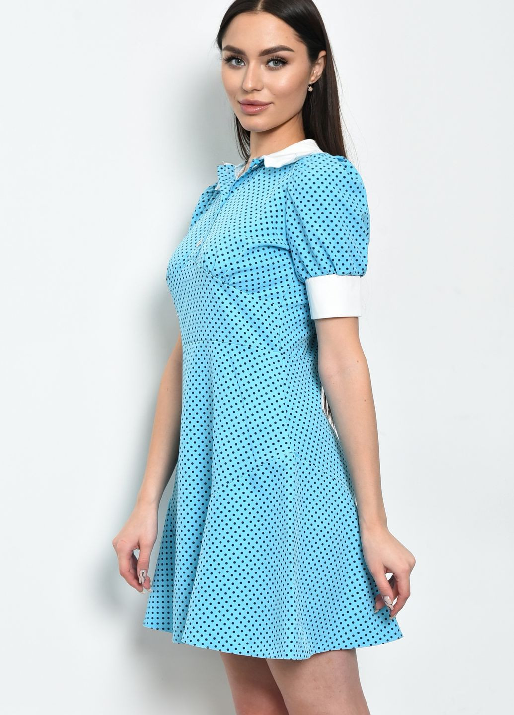 Блакитна коктейльна сукня жіноча в горошок блакитного кольору а-силует Let's Shop в горошок