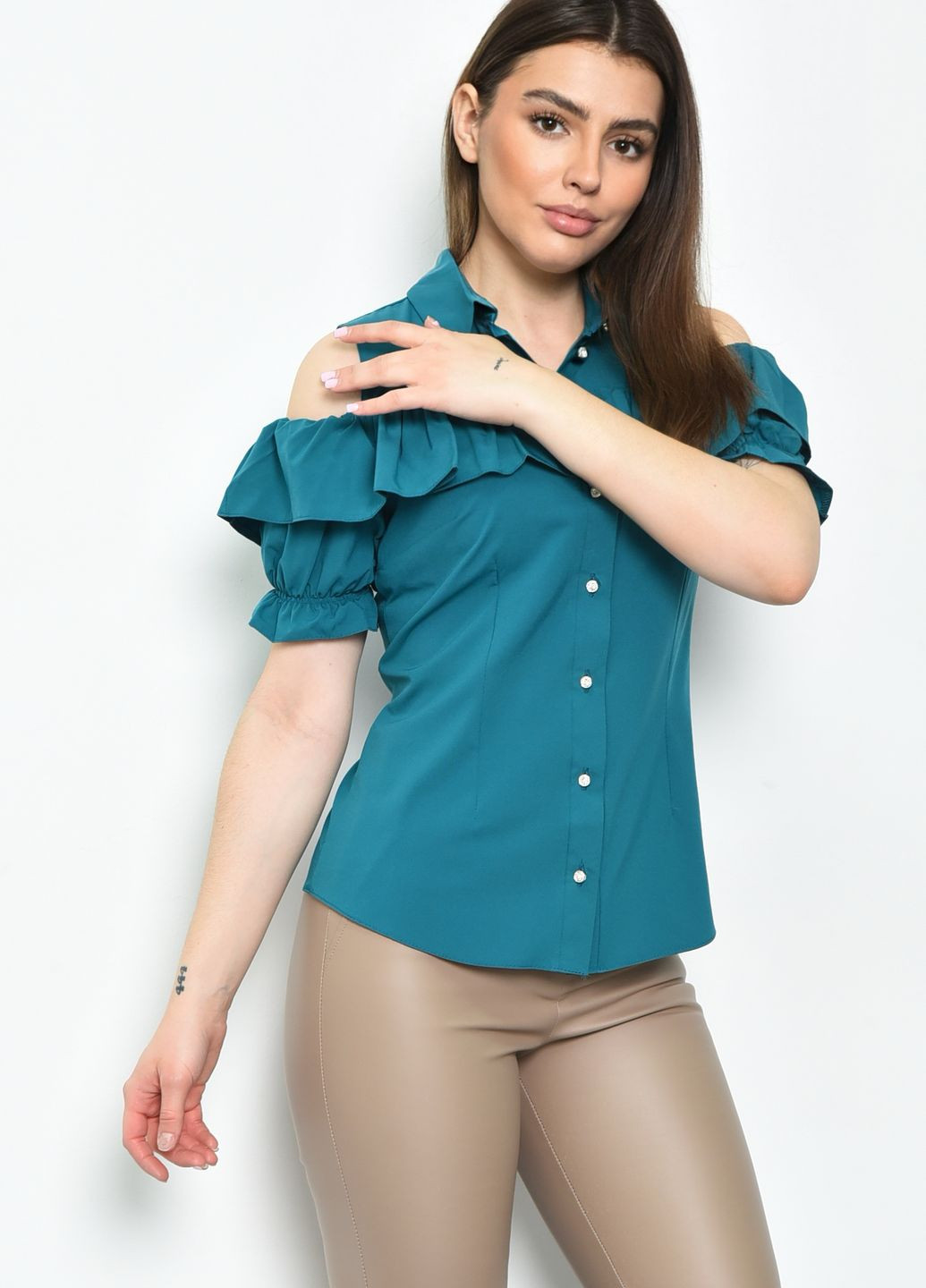 Смарагдова літня блуза жіноча однотонна смарагдового кольору з баскою Let's Shop