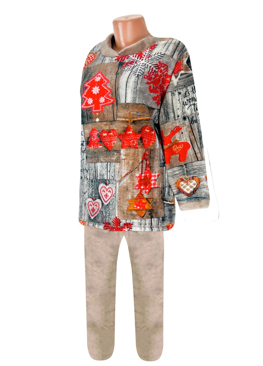 Бежевая всесезон пижама женская махровая новый год Жемчужина стилей 1312