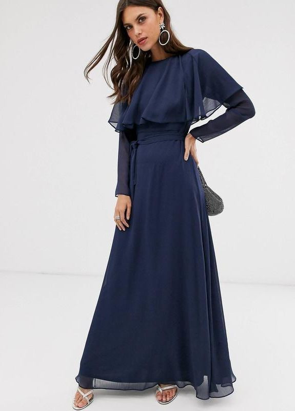 Синя максі плаття з кейпом ззаду, довгими рукавами та поясом Asos