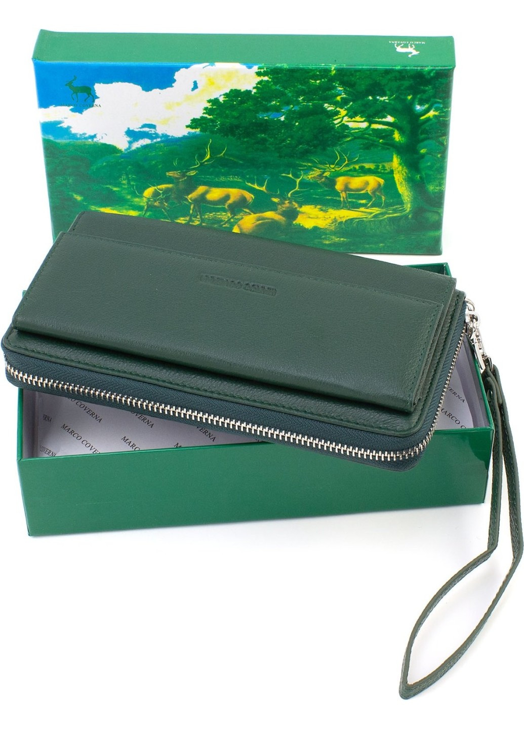 Жіночий гаманець-клатч із натуральної шкіри на блискавці з ремінцем на зап'ястя 19,5х11 6054-7(17079) зелений Marco Coverna (259752585)
