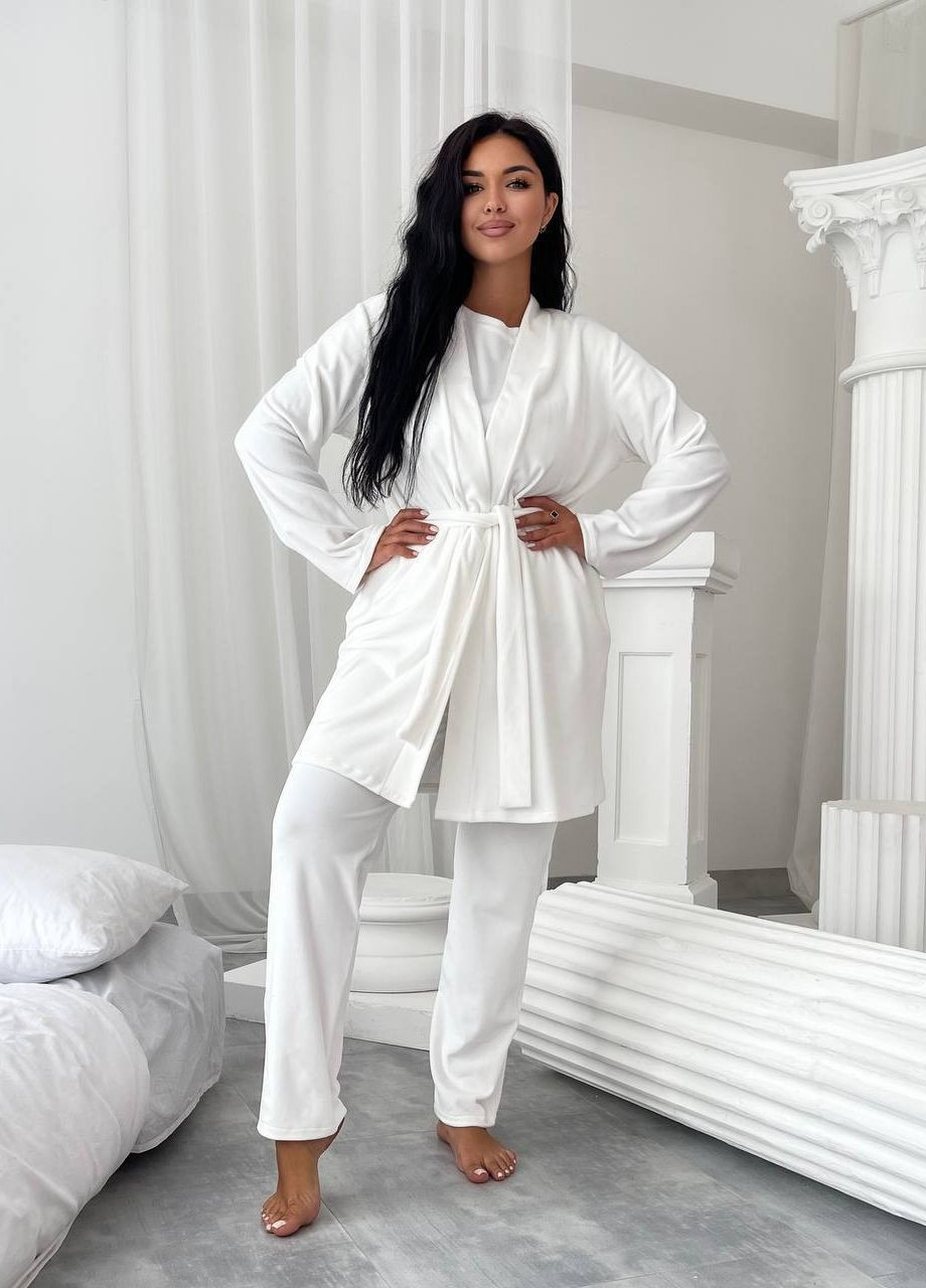 Белая всесезон пижама тройка кофта + футболка + брюки Garna