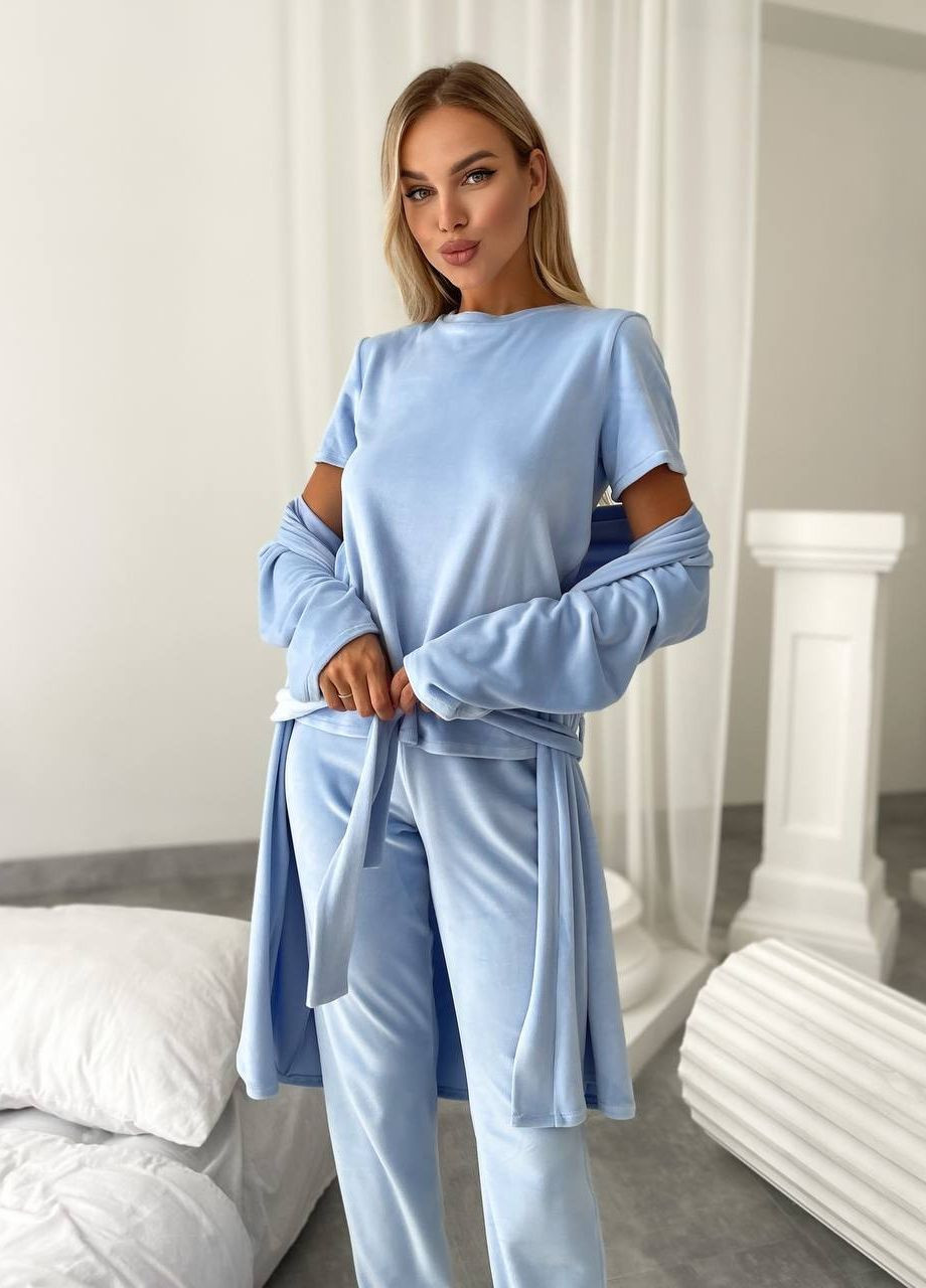 Голубая всесезон пижама тройка кофта + футболка + брюки Garna