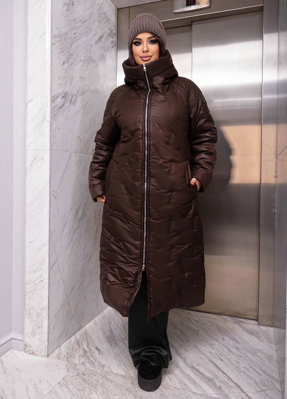 Коричневая женское стеганное теплое пальто цвет шоколад р.50/52 448456 New Trend