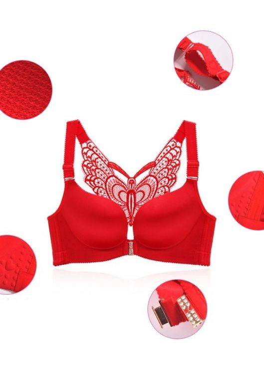 Красный бесшовный бюстгальтер 115e красный с бабочкой на спине и застежкой спереди No Brand без косточек нейлон