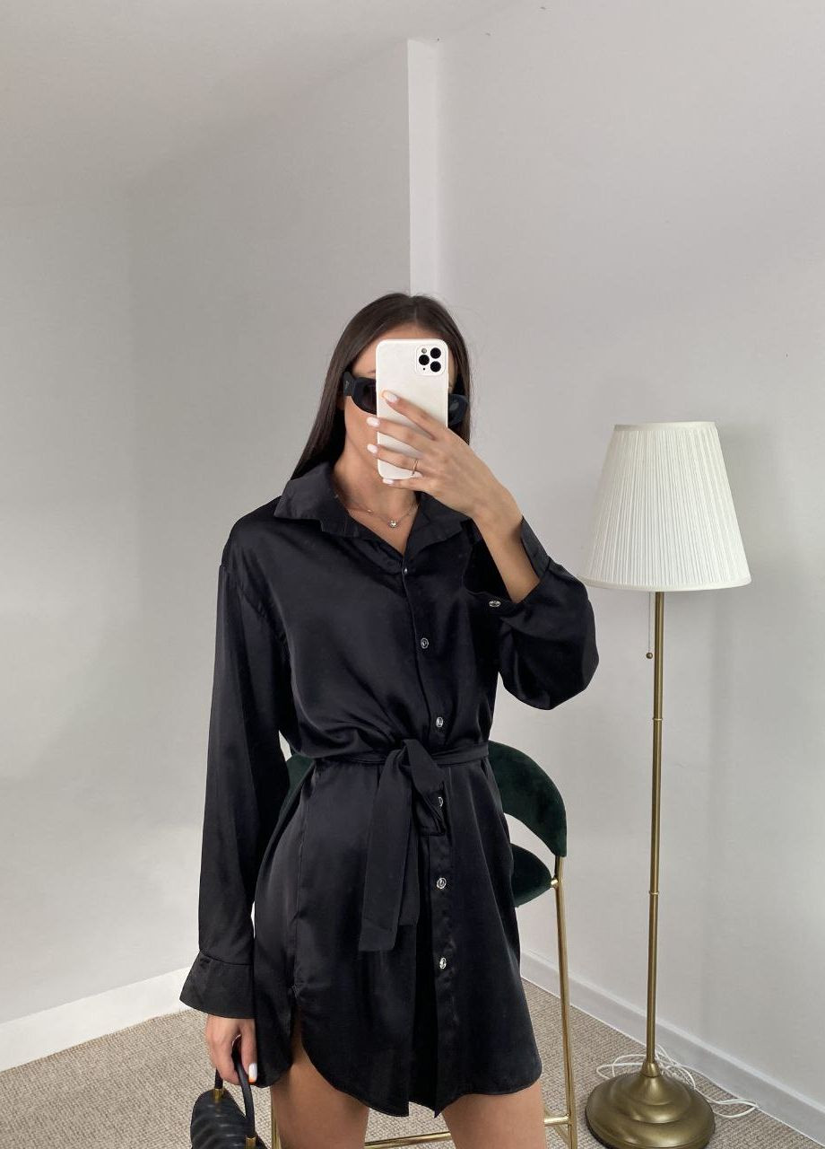 Черное повседневный нежное классическое женское платье-рубашка No Brand однотонное