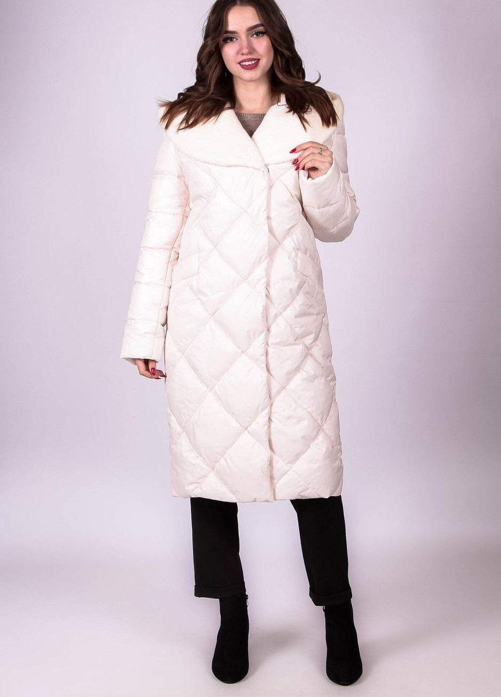Молочне зимнє Пальто теплое женское 9158 плащевка молочнй Актуаль