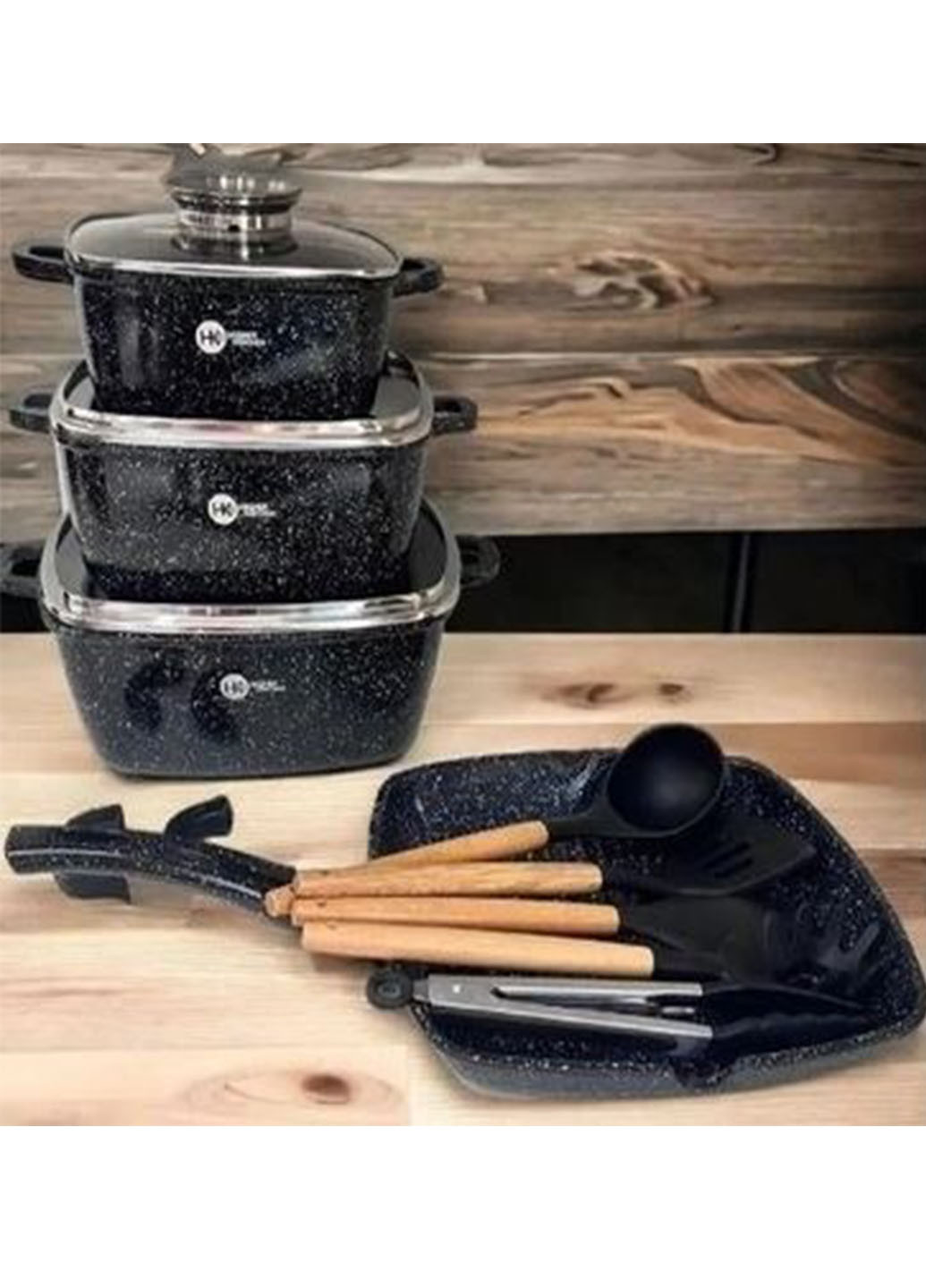 Набір посуду із гранітним антипригарним покриттям Kitchen набір каструль сковорідка та кухонне приладдя 14 предметів Good Idea hk-317 (277167438)