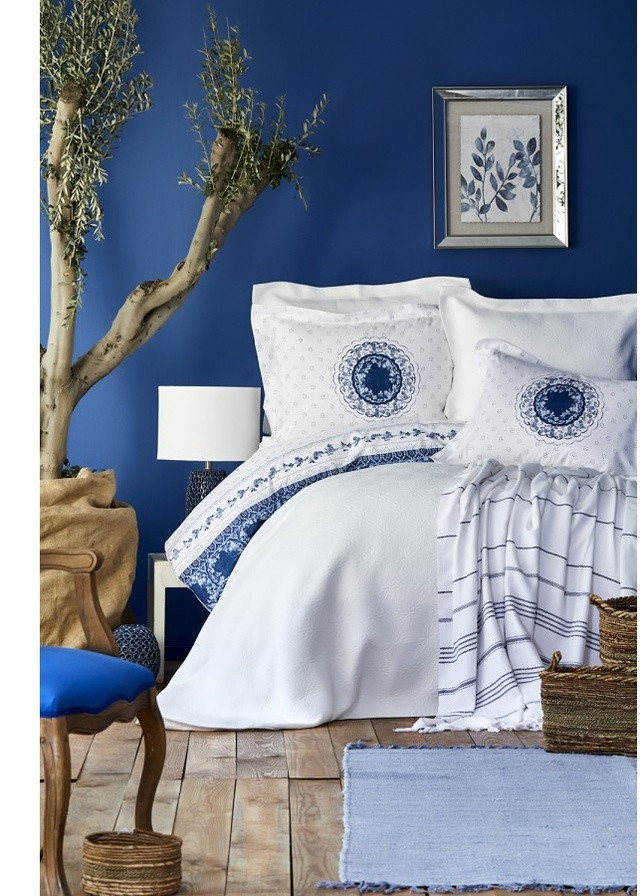 Набор постельное белье с покрывалом + плед - Belina mavi 2019-2 голубой евро Karaca Home (258186407)