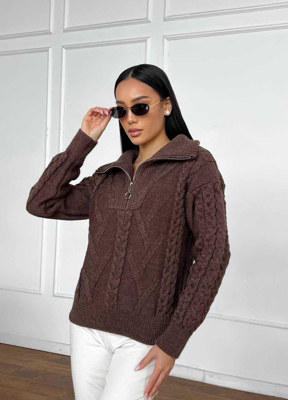 Коричневый женский свитер с v-образным воротником и молнией цвет коричневый р.42/46 445975 New Trend