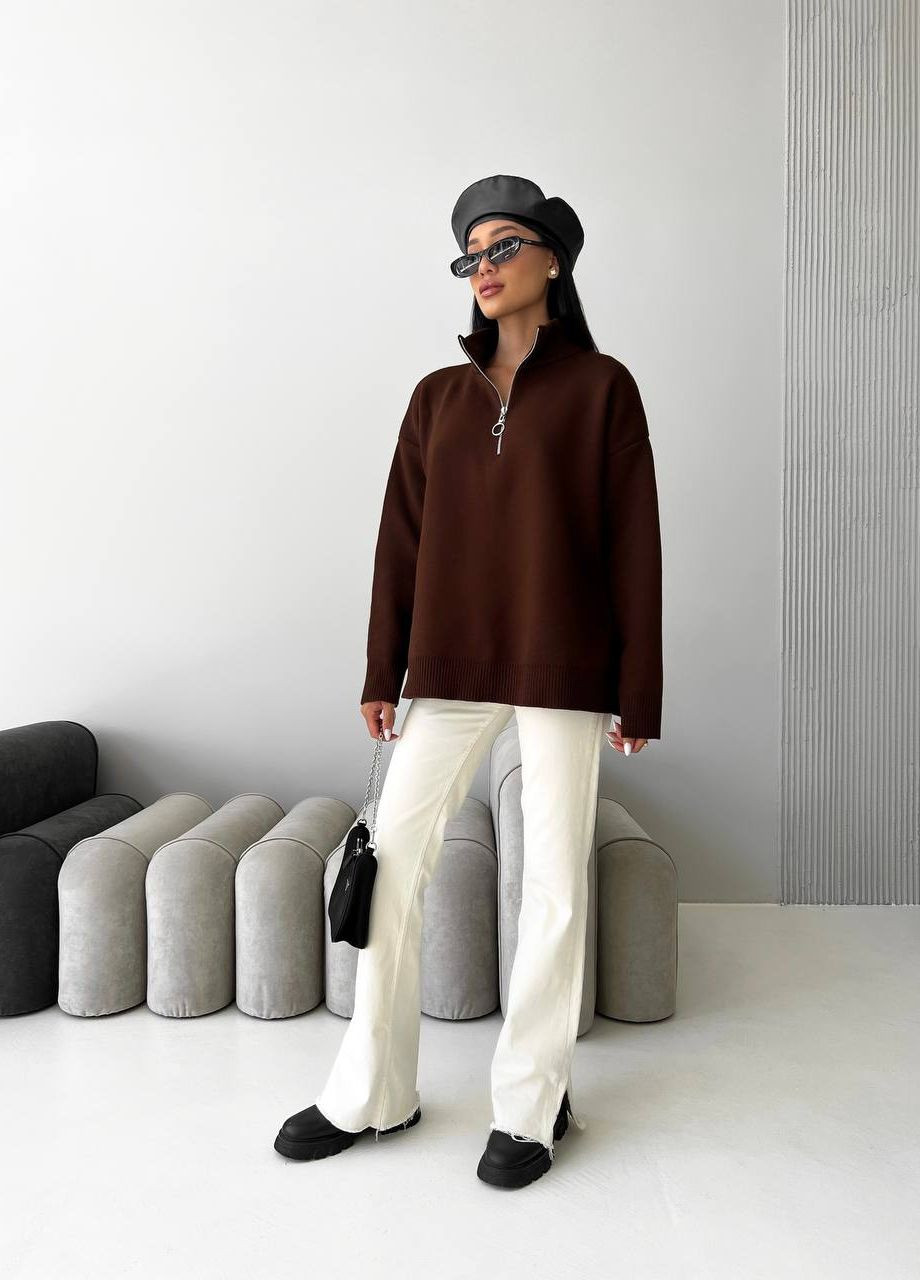 Жіночий светр із блискавкою із жаккардової в'язки колір коричневий р.42/46 441551 New Trend (263133802)