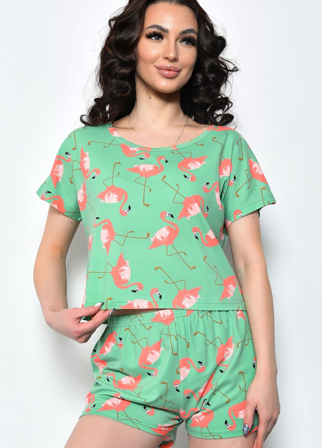 Салатова всесезон піжама жіноча літня шорти+футболка салатового кольору футболка + шорти Let's Shop