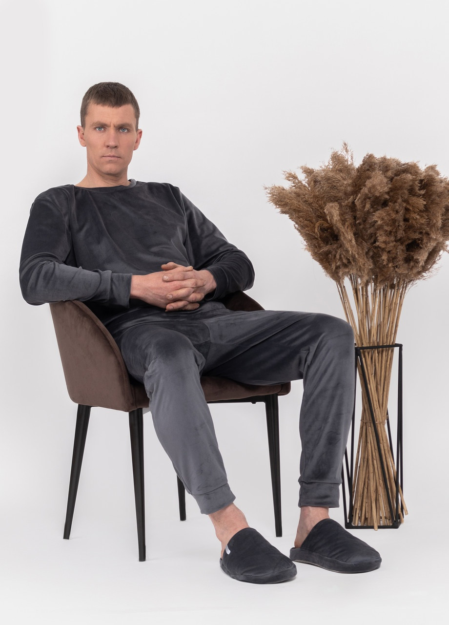 Піжама костюм чоловічий домашній велюровий кофта зі штанами Графіт Maybel (258245080)