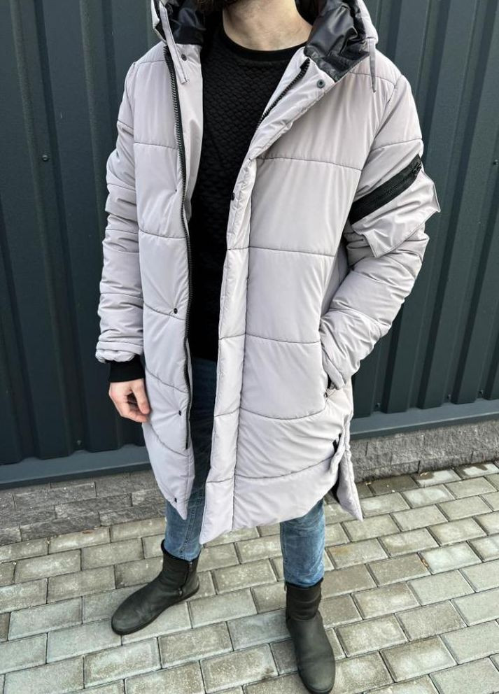 Світло-сіра зимня чоловіча довга зимова куртка світло-сірого кольору No Brand