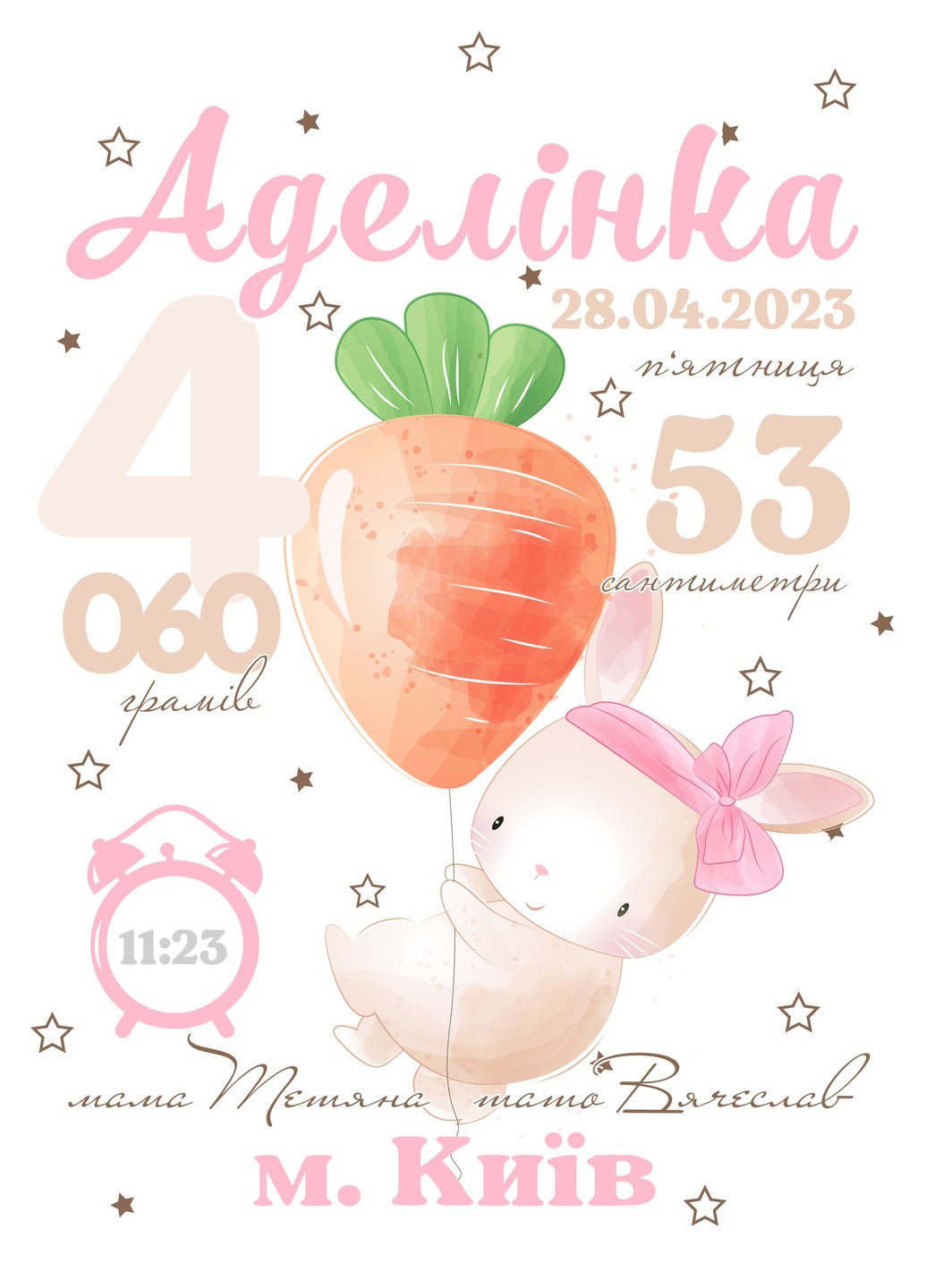 Іменний дитячий постер-метрика зайченя з морквинкою HeyBaby (259040574)