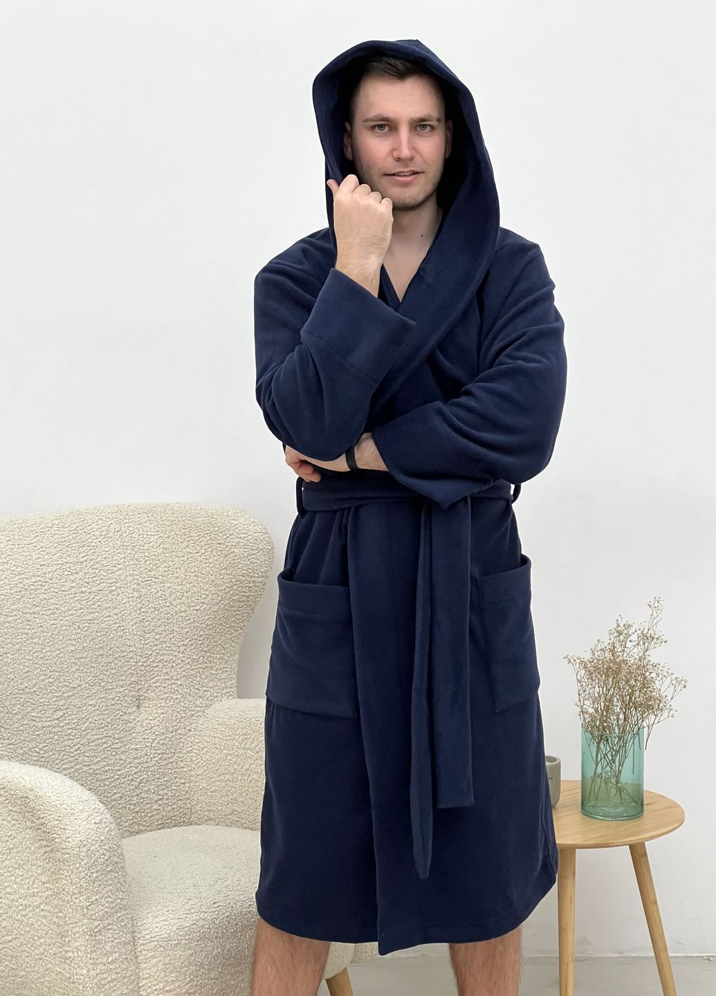 Чоловічий флісовий халат з капюшоном синій Cosy (261853126)