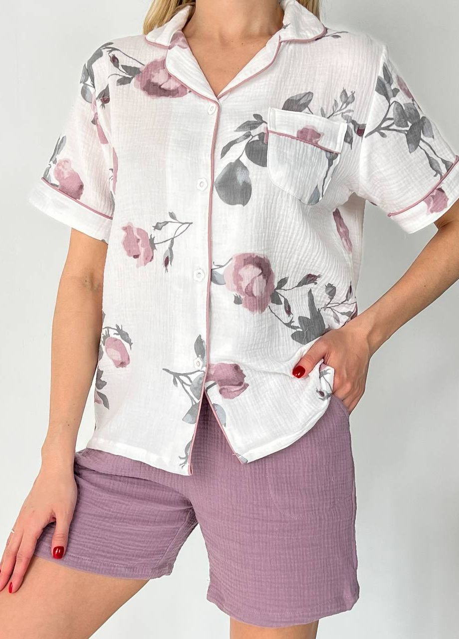 Белая всесезон пижама женская рубашка и шорты с цветами рубашка + шорты No Brand