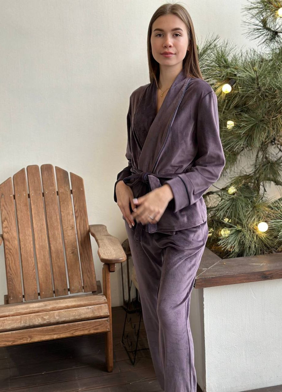 Светло-фиолетовая велюровая женская пижама штаны+ халат Simply sexy